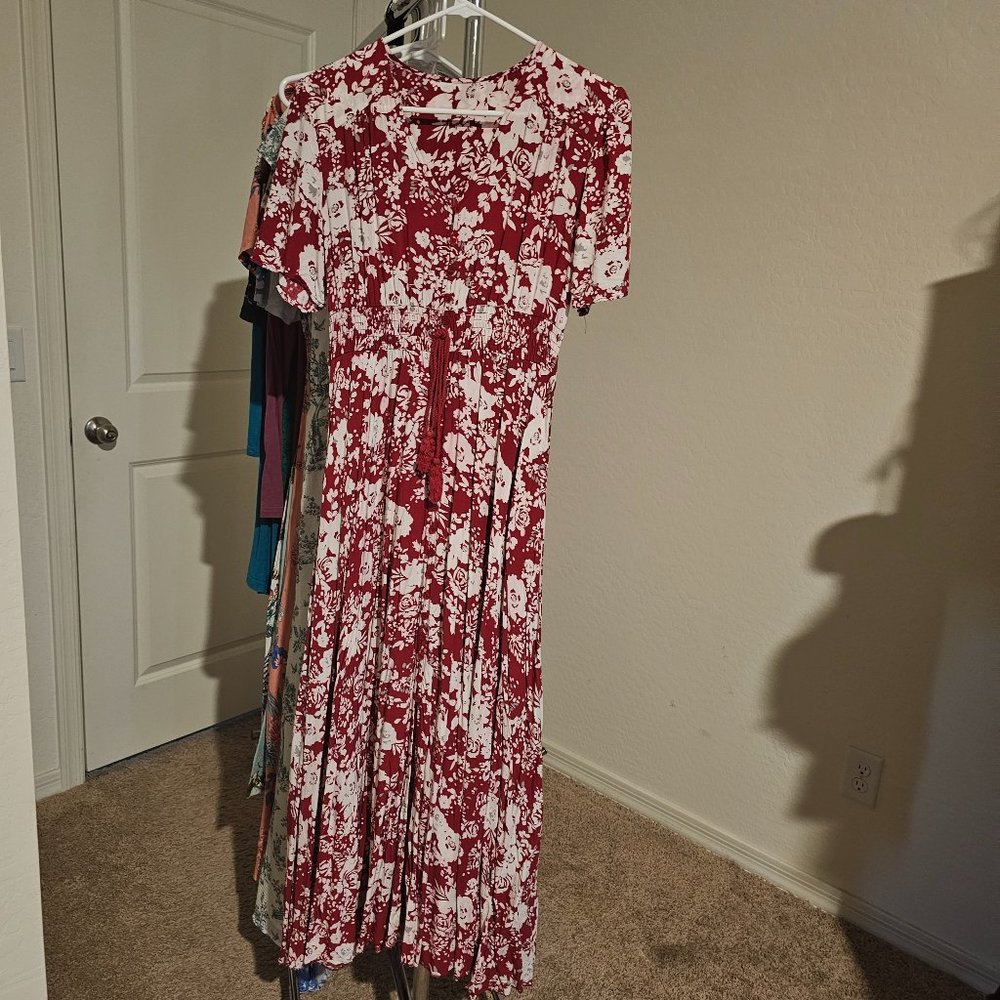 Red and white floral maxi dress